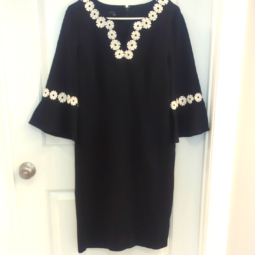 Talbots Black With White Embroidery Sheath Dress with Bell Sleeves
